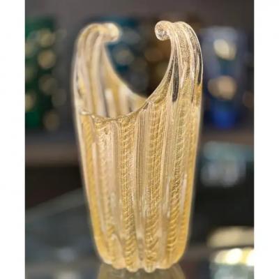  Barovier Toso Barovier and Toso Fluted Art Glass Vase with Avventurina 1950s