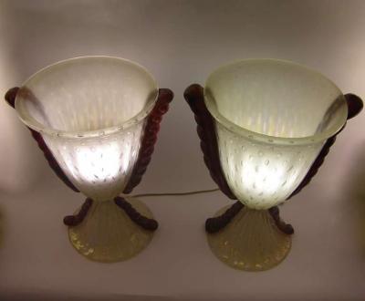  Barovier Toso Barovier e Toso Grand Pair of Pearlized Murano Glass Lamps with Red Accents