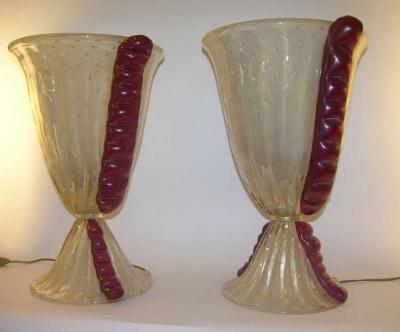  Barovier Toso Barovier e Toso Grand Pair of Pearlized Murano Glass Lamps with Red Accents