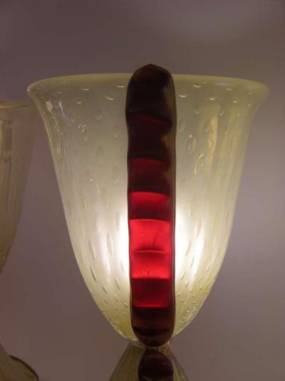  Barovier Toso Barovier e Toso Grand Pair of Pearlized Murano Glass Lamps with Red Accents