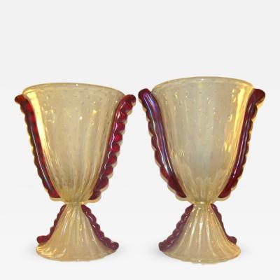  Barovier Toso Barovier e Toso Grand Pair of Pearlized Murano Glass Lamps with Red Accents