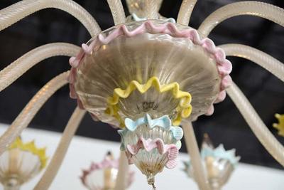  Barovier Toso Fine Pair of Barovier Toso Clear and Colored Glass 12 Light Chandeliers 1940s
