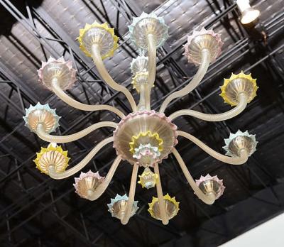  Barovier Toso Fine Pair of Barovier Toso Clear and Colored Glass 12 Light Chandeliers 1940s