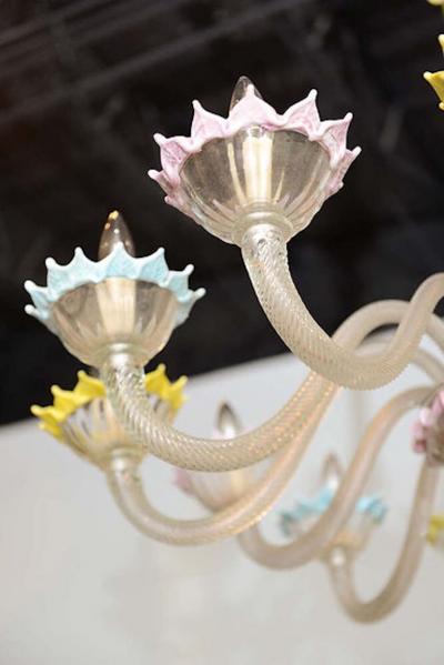  Barovier Toso Fine Pair of Barovier Toso Clear and Colored Glass 12 Light Chandeliers 1940s