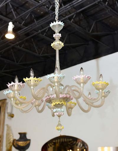 Barovier Toso Fine Pair of Barovier Toso Clear and Colored Glass 12 Light Chandeliers 1940s