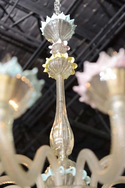  Barovier Toso Fine Pair of Barovier Toso Clear and Colored Glass 12 Light Chandeliers 1940s