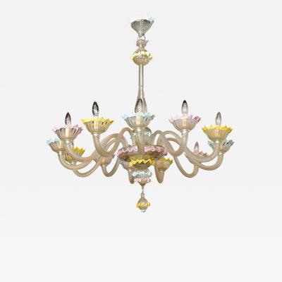  Barovier Toso Fine Pair of Barovier Toso Clear and Colored Glass 12 Light Chandeliers 1940s