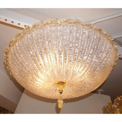 Barovier Toso Italian Barovier Toso Style Amber Reeded Crystal Clear Murano Glass Flushmount