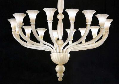 Barovier Toso Large Modern Neoclassical Murano Venetian 16 Arm White Gold Glass Chandelier