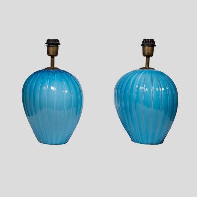  Barovier Toso Pair Of Sky Blue Ribbed Barovier Murano Glass Table Lamps