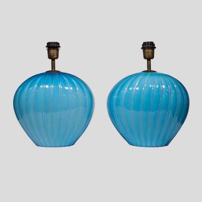  Barovier Toso Pair Of Sky Blue Ribbed Barovier Murano Glass Table Lamps