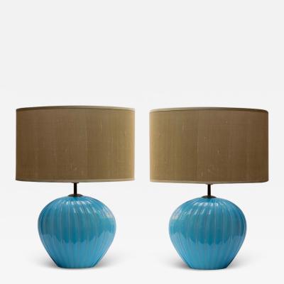  Barovier Toso Pair Of Sky Blue Ribbed Barovier Murano Glass Table Lamps