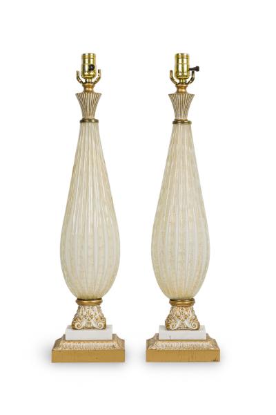  Barovier Toso Pair of Barovier Toso Italian Mid Century Bolle and Gold Fleck Table Lamps