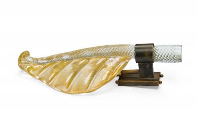  Barovier Toso Pair of Italian Mid Century gold dusted Glass and Bronze Leaf Murano Sconces