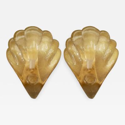  Barovier Toso Pair of Large Gold Murano Shell Shaped Sconces Attributed to Barovier