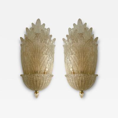  Barovier Toso Pair of Murano Glass and Brass Flame Palm Tree Sconces Italy 1970s