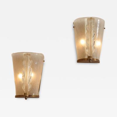  Barovier Toso Pair of Murano Glass and Brass Wall Sconces Barovier Manufacture Italy 1930s