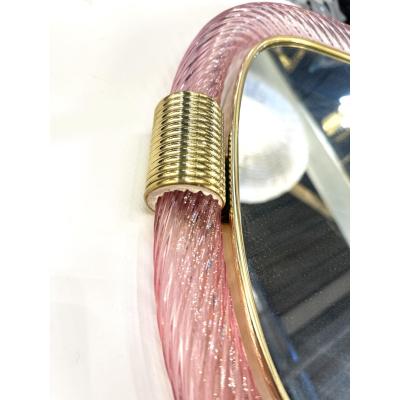  Barovier Toso Pink Murano Glass Wall Mirror With Torciglione Torchon in Barovier Style