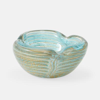  Barovier Toso Turquoise Glass Bowl in Graffito Lattimo with Gold Inclusions by Barovier Toso