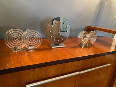  Bauhaus MODERNIST PAIR OF ART DECO GLASS SPIRAL AND CHROME CANDLESTICKS