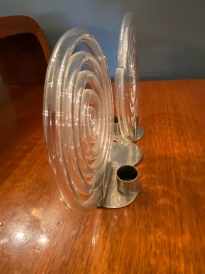  Bauhaus MODERNIST PAIR OF ART DECO GLASS SPIRAL AND CHROME CANDLESTICKS
