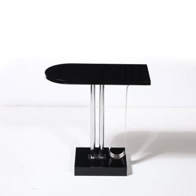  Belmet Art Deco Black Lacquer Chrome Streamlined End Table w Scroll Detail by Belmet