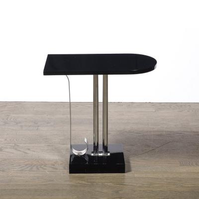 Belmet Art Deco Black Lacquer Chrome Streamlined End Table w Scroll Detail by Belmet