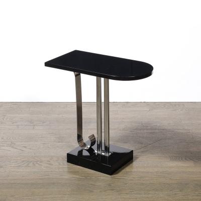  Belmet Art Deco Black Lacquer Chrome Streamlined End Table w Scroll Detail by Belmet