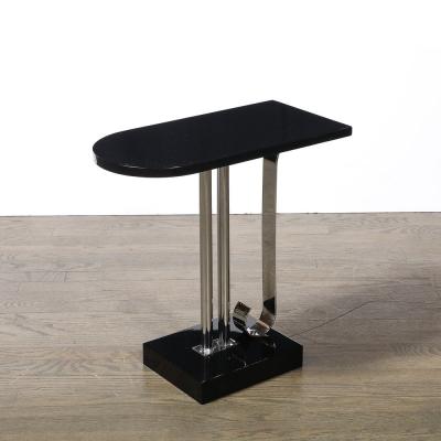  Belmet Art Deco Black Lacquer Chrome Streamlined End Table w Scroll Detail by Belmet