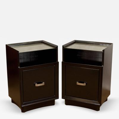  Berkey Gay Pair of Lacquered Berkey and Gay Nightstands with Silver Leafed Glass and Pulls