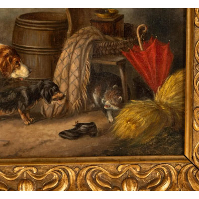  Bernard De Gempt Antique Oil Painting of Dogs by Bernard De Gempt