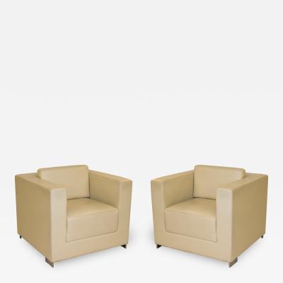  Bernhardt Furniture Company Pair of Cube Lounge Chairs in Creme Leather by Bernhardt Furniture