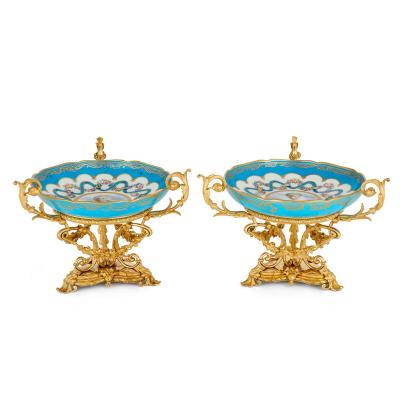  Beurdeley Fine Pair of Ormolu and S vres Style Porcelain Tazze by Beurdeley