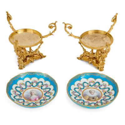  Beurdeley Fine Pair of Ormolu and S vres Style Porcelain Tazze by Beurdeley