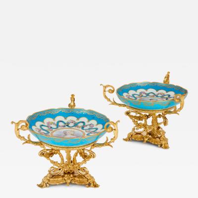  Beurdeley Fine Pair of Ormolu and S vres Style Porcelain Tazze by Beurdeley