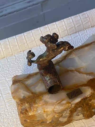 Bijan MODERN BRONZE AND ONYX PIERROT WITH UMBRELLA AND POODLE SCULPTURE BY BIJAN
