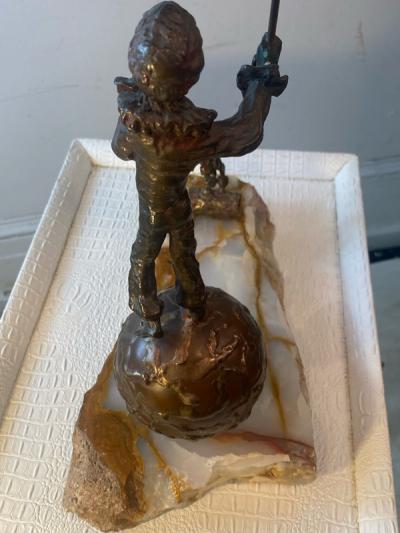  Bijan MODERN BRONZE AND ONYX PIERROT WITH UMBRELLA AND POODLE SCULPTURE BY BIJAN