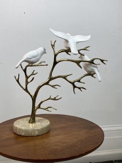  Bijan SIGNED BIJAN CERAMIC BIRDS AND BRASS TREE SCULPTURE