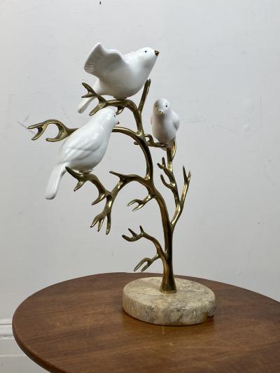  Bijan SIGNED BIJAN CERAMIC BIRDS AND BRASS TREE SCULPTURE