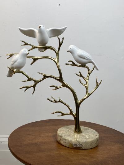  Bijan SIGNED BIJAN CERAMIC BIRDS AND BRASS TREE SCULPTURE