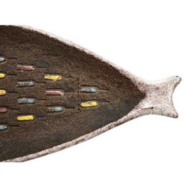  Bitossi Bitossi Fish Tray Ceramic White Matte Brown Pink Blue Incised Signed