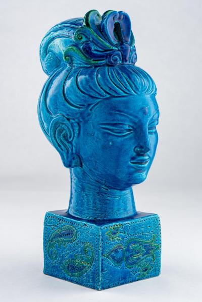  Bitossi Bitossi Kwan Yin Buddha Coin Bank Ceramic Blue Green Paisley Signed