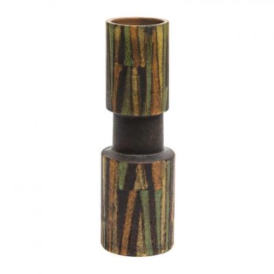  Bitossi Bitossi Milano Moderna Vase Ceramic Green Brown Incised Geometric Signed