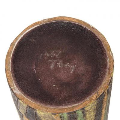  Bitossi Bitossi Milano Moderna Vase Ceramic Green Brown Incised Geometric Signed