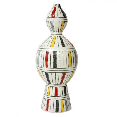  Bitossi Bitossi Vase Ceramic Geometric Stripes White Yellow Black Red Signed