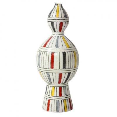  Bitossi Bitossi Vase Ceramic Geometric Stripes White Yellow Black Red Signed