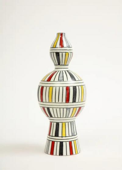  Bitossi Bitossi Vase Ceramic Geometric Stripes White Yellow Black Red Signed