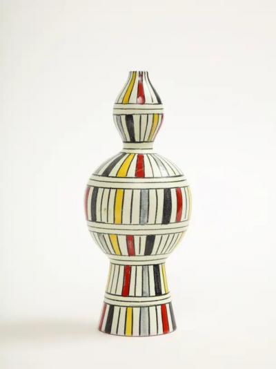  Bitossi Bitossi Vase Ceramic Geometric Stripes White Yellow Black Red Signed