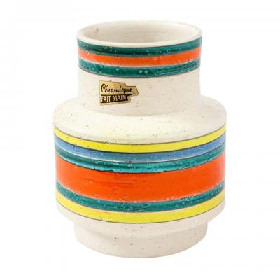  Bitossi Italian Ceramic Vase White Green Orange Yellow Blue Stripes Signed