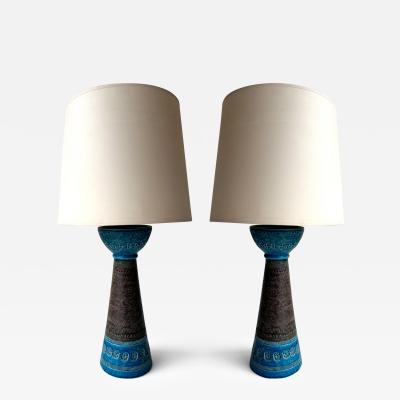  Bitossi Mid Century Pair of Ceramic Lamps Blue Rimini by Bitossi Italy 1970s